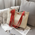 New retro casual foldable corduroy straw tote bag weaving shoulder bag handwoven purse for daily use